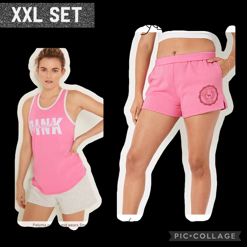 Vs pink 3.5” campus fold over shorts racerback tank dreamy pink white logo